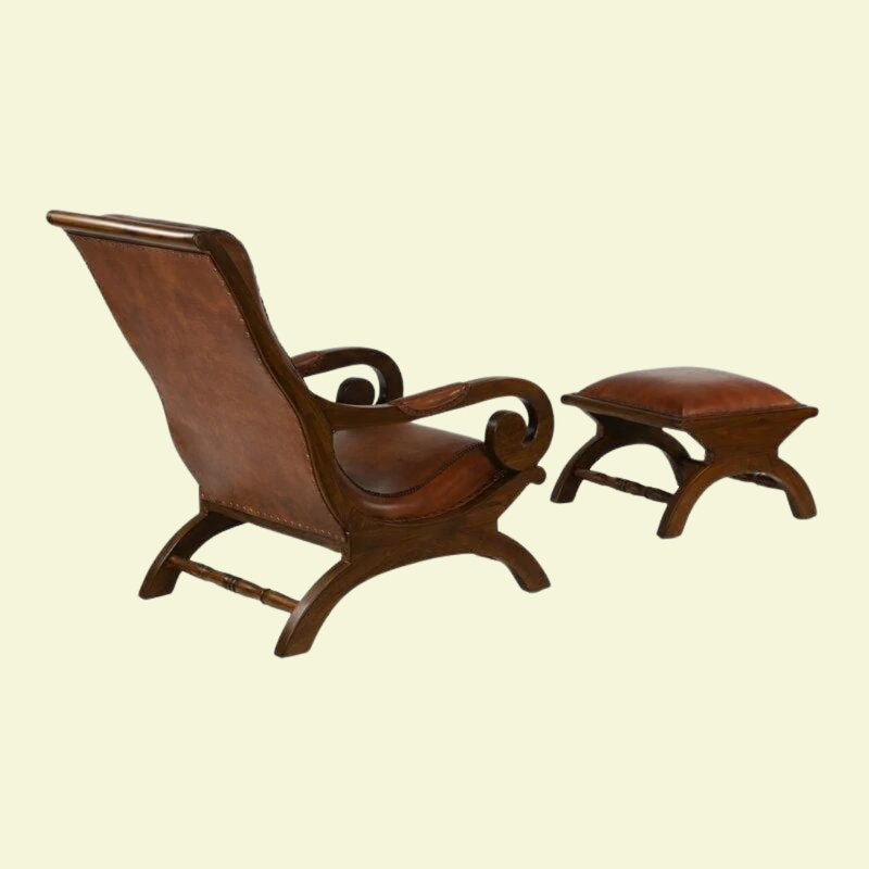 Contemporary Teak Wood Armchair Lounge Chair with Ottoman