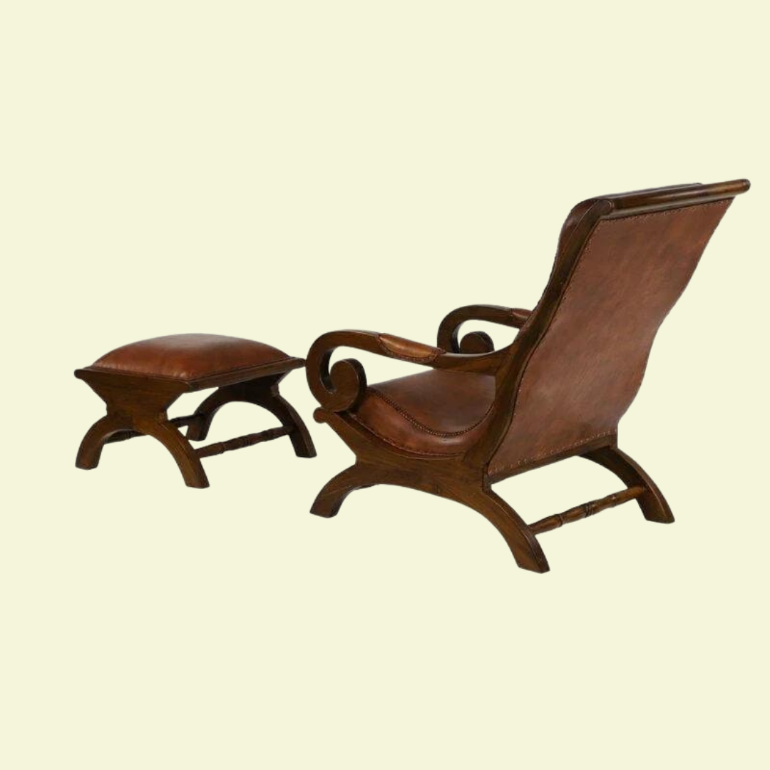 Contemporary Teak Wood Armchair Lounge Chair with Ottoman