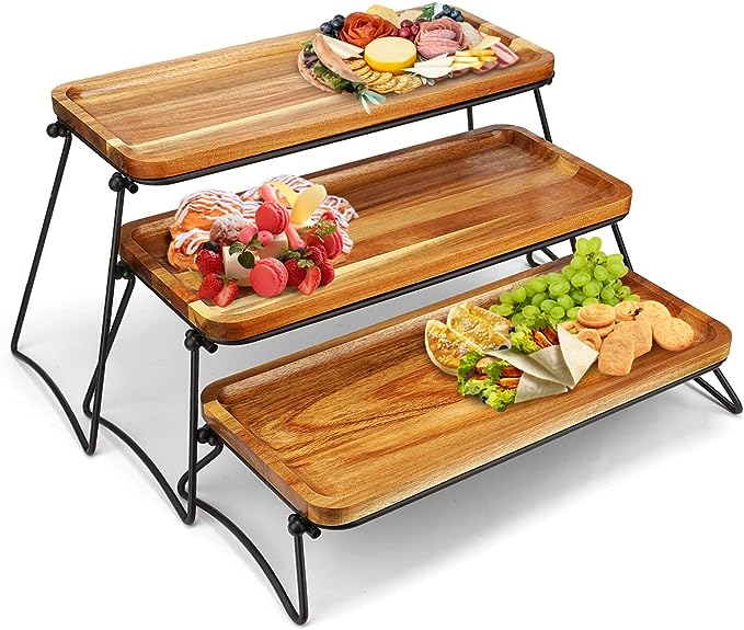 Wood Eclat 3 Tier Serving Stand with Wooden Serving Platter, Tier Serving Trays with Collapsible Sturdier Rack, Rectangle Wood Trays for Thanksgiving, Christmas, Entertaining, 14 Inch