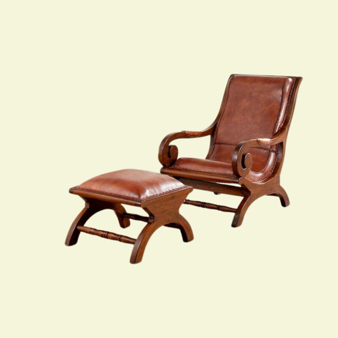 Contemporary Teak Wood Armchair Lounge Chair with Ottoman