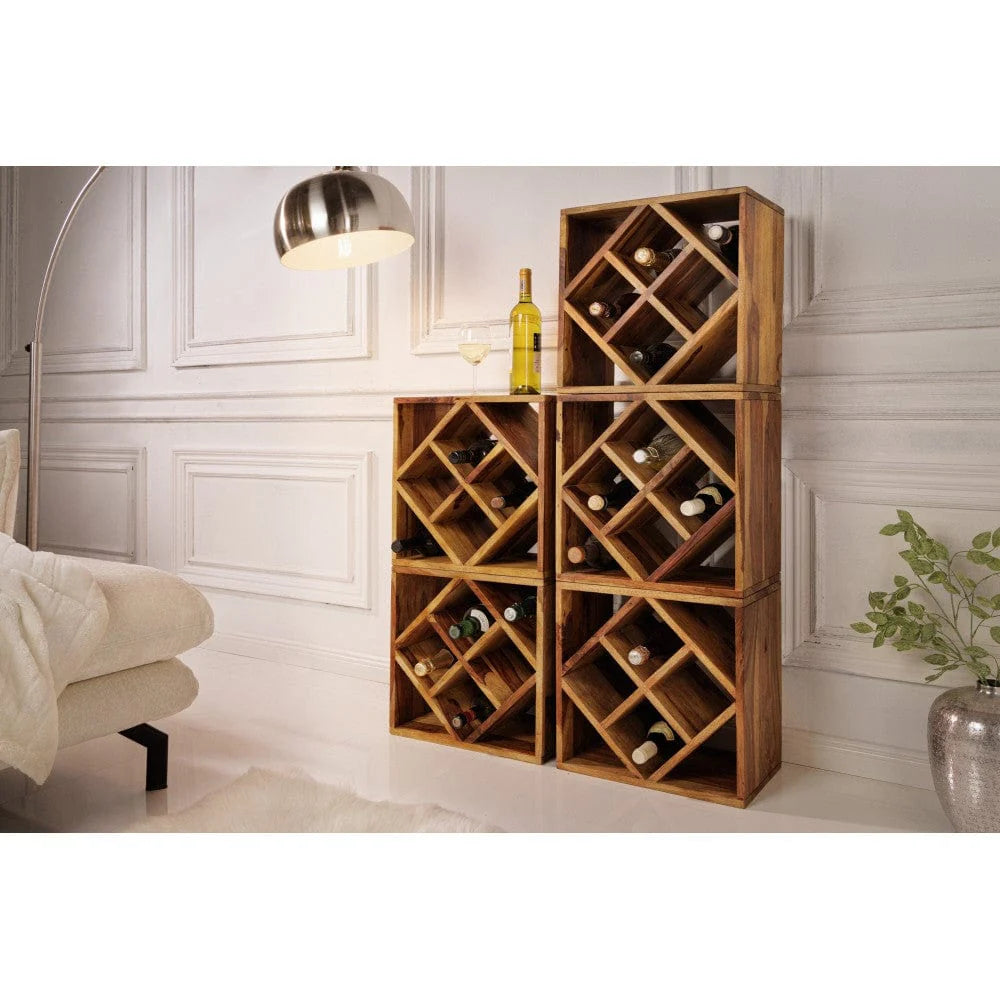 Cube End Table Solid Wood Wine Rack Honey Finish