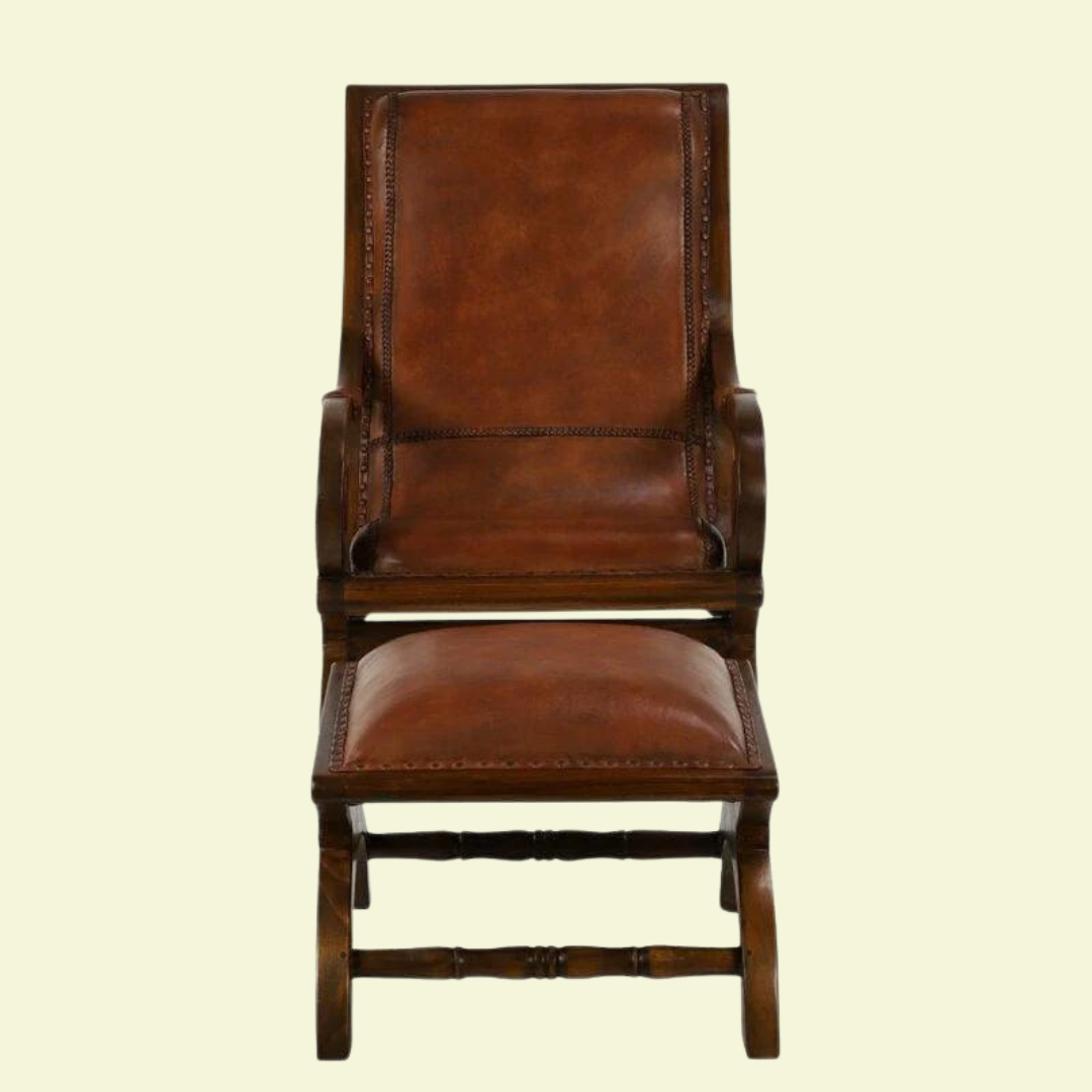 Contemporary Teak Wood Armchair Lounge Chair with Ottoman