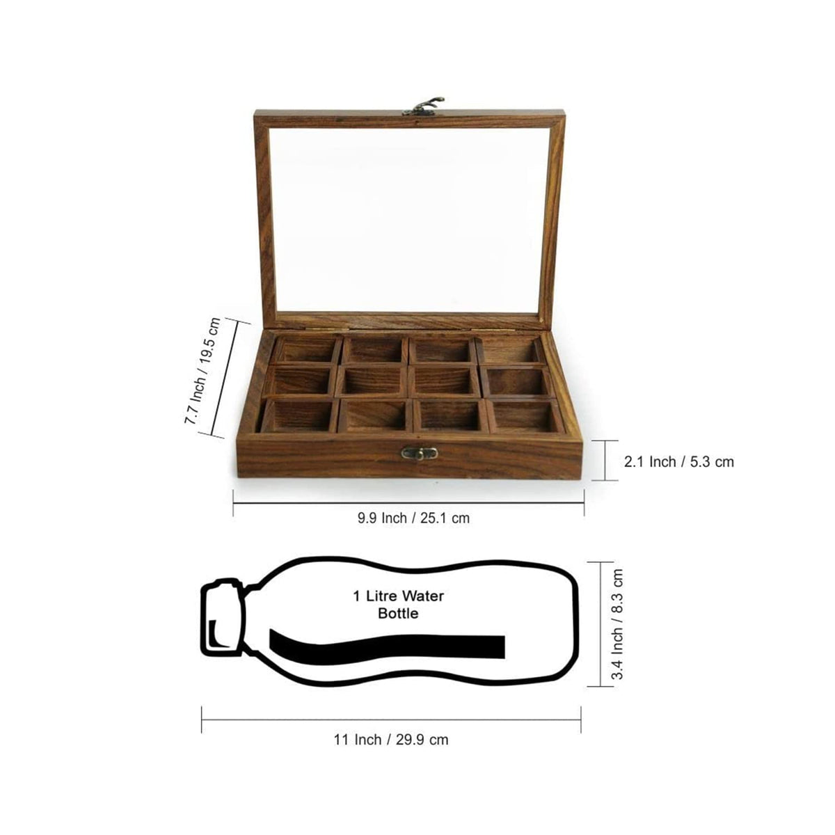 Wood Eclat Rectangle Wooden Spices Box with Spoon - Handmade Spice Organizer with 12 squares