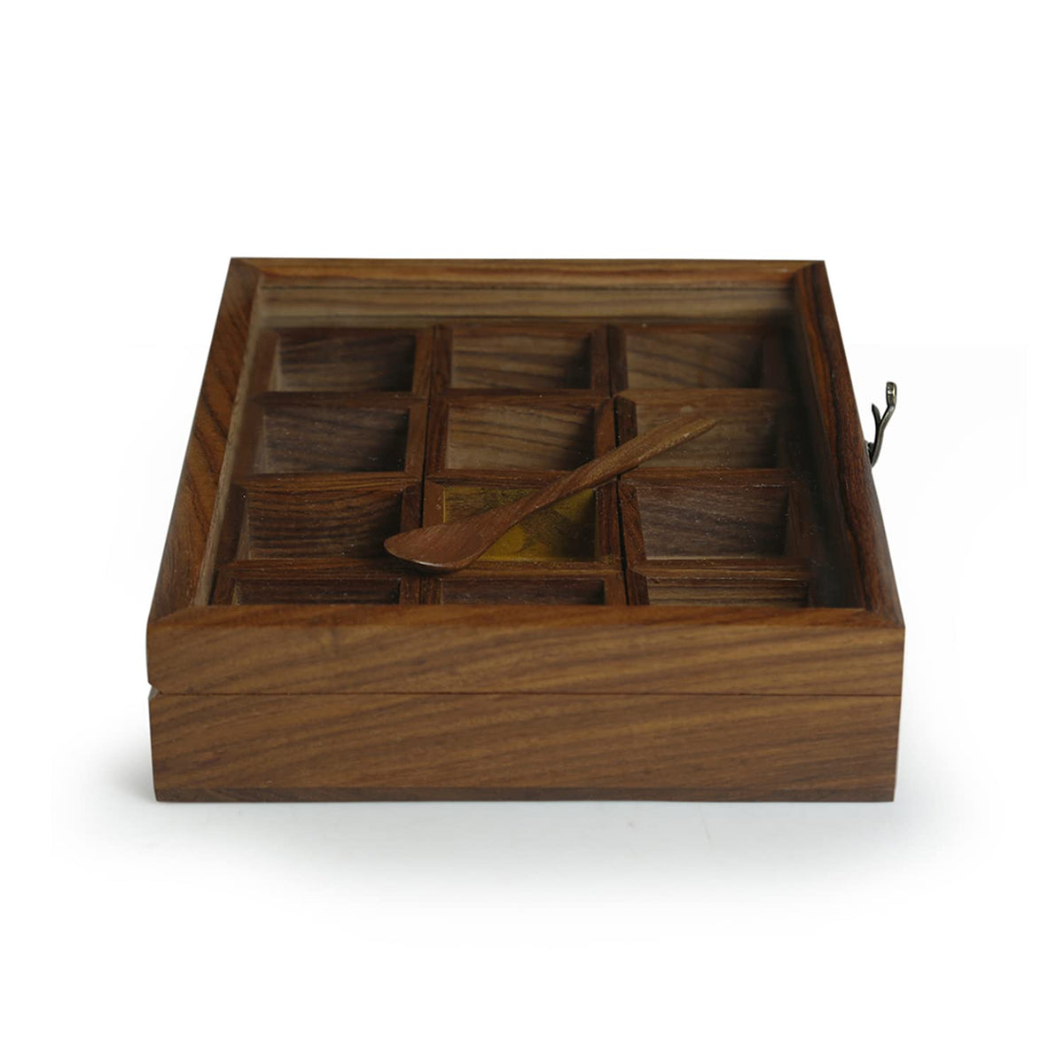 Wood Eclat Rectangle Wooden Spices Box with Spoon - Handmade Spice Organizer with 12 squares