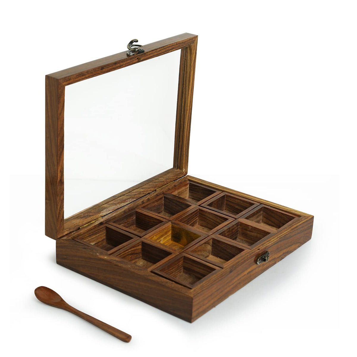 Wood Eclat Rectangle Wooden Spices Box with Spoon - Handmade Spice Organizer with 12 squares