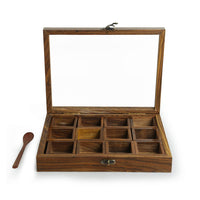 Wood Eclat Rectangle Wooden Spices Box with Spoon - Handmade Spice Organizer with 12 squares