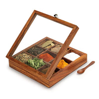 Wood Eclat Rectangle Wooden Spices Box with Spoon - Handmade Spice Organizer with 12 squares