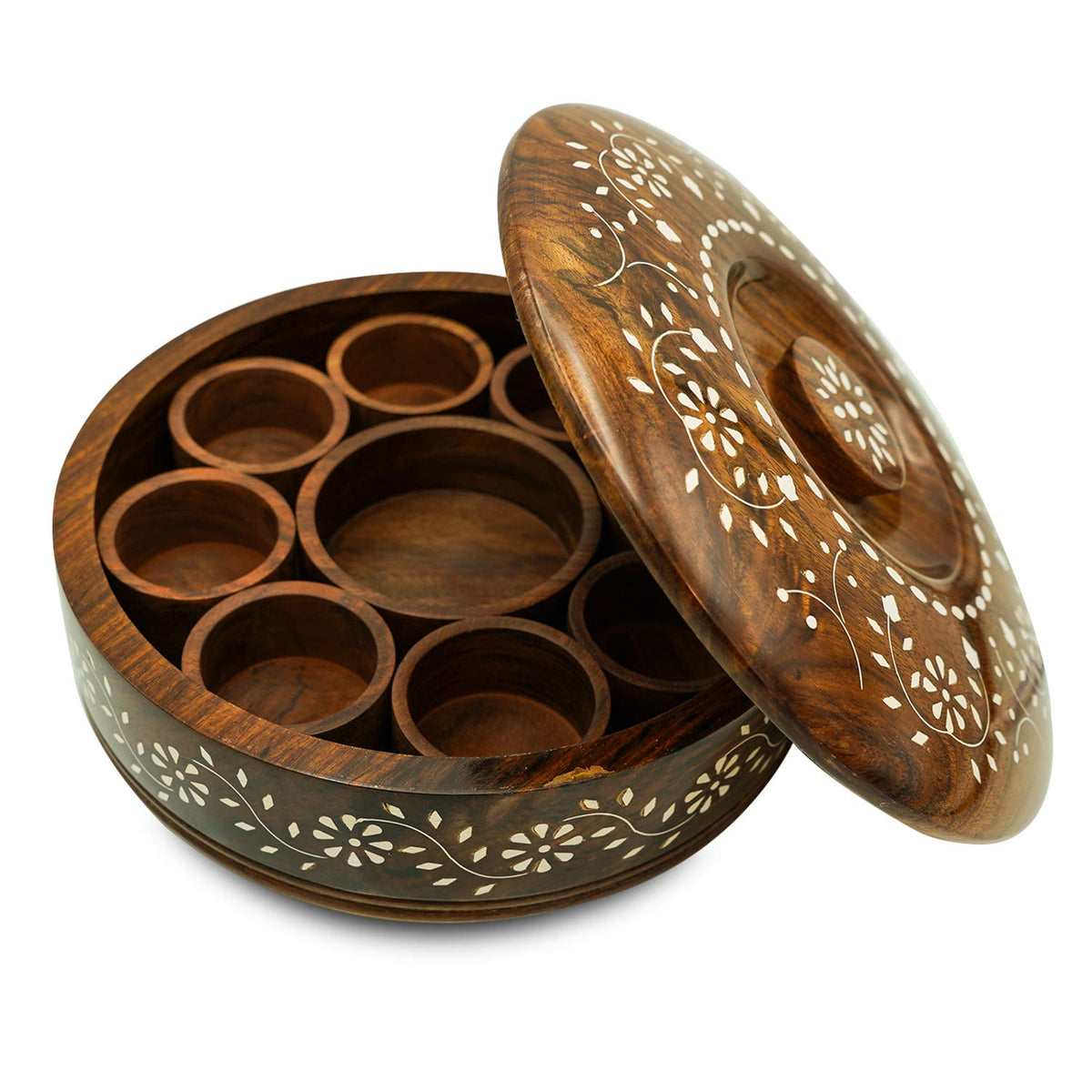 Wood Eclat Round Wooden Spices Box with Spoon - Handmade Spice Organizer with 7 Containers