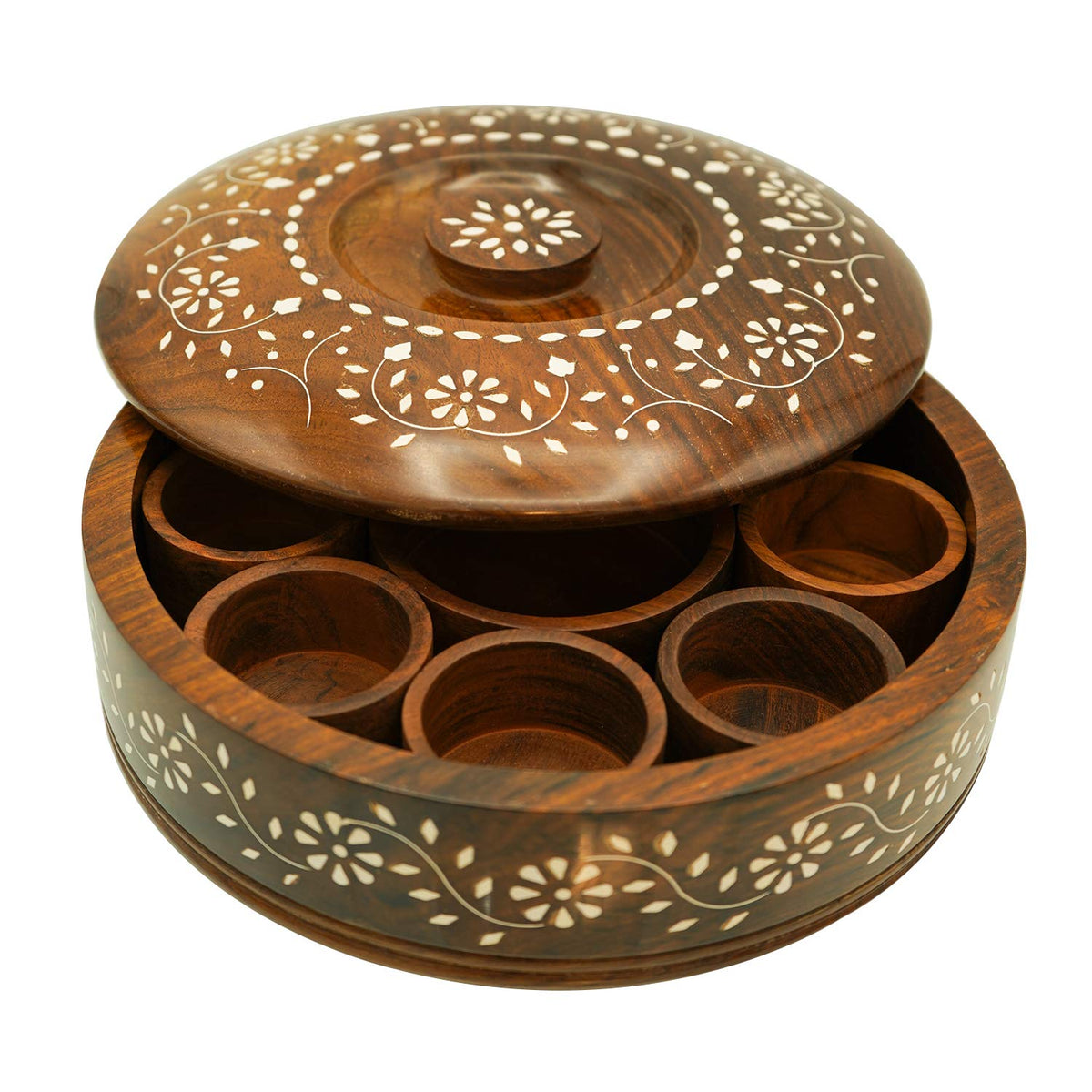 Wood Eclat Round Wooden Spices Box with Spoon - Handmade Spice Organizer with 7 Containers