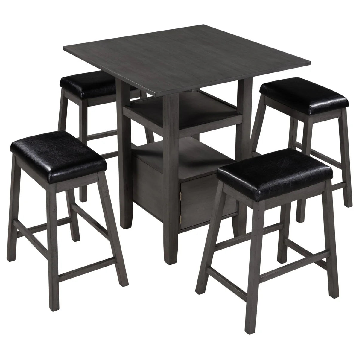 Rustic Gray 5-Piece Counter Height Wood Kitchen Dining Table Set with 4 Upholstered Stools