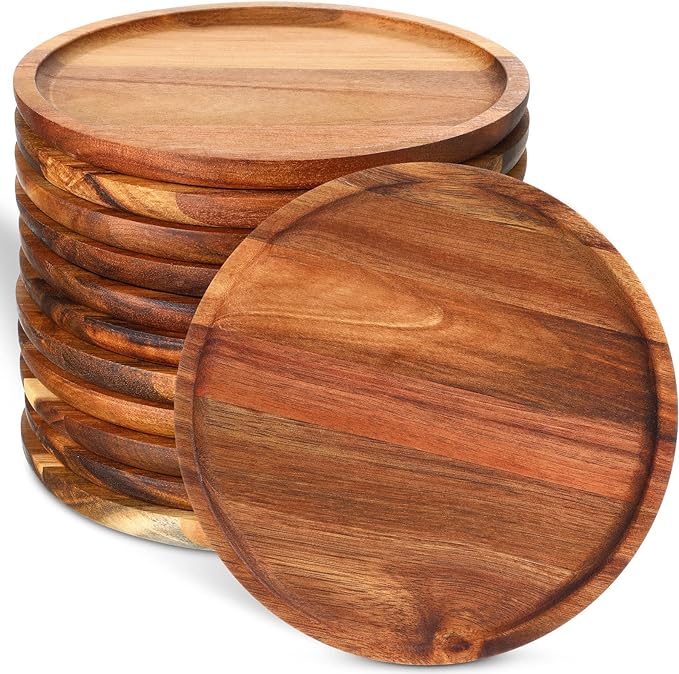 Wood Eclat 12 Pcs Acacia Wood Round Dinner Plates