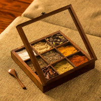 Wood Eclat Rectangle Wooden Spices Box with Spoon - Handmade Spice Organizer with 12 squares