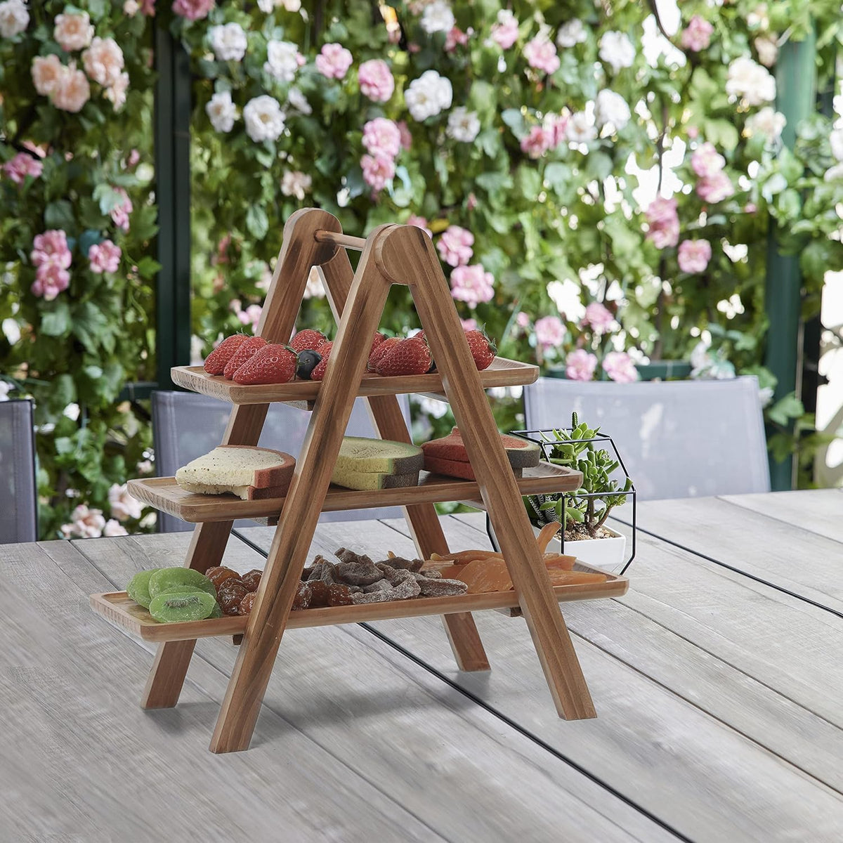 Wood Eclat 3-Tier Wooden Serving Tray with Collapsible Stand - Farmhouse Kitchen & Picnic Nesting Tray (Natural)