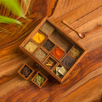 Wood Eclat Rectangle Wooden Spices Box with Spoon - Handmade Spice Organizer with 12 squares