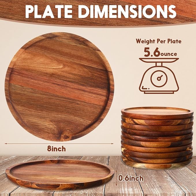 Wood Eclat 12 Pcs Acacia Wood Round Dinner Plates