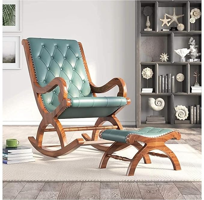 Wood Eclat Ergonomic Wooden Rocking Chair with Foot Stool - Cushioned Relaxing Armchair for Living Room or Home Office