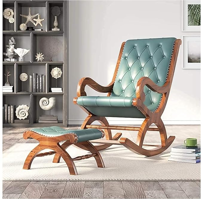 Wood Eclat Ergonomic Wooden Rocking Chair with Foot Stool - Cushioned Relaxing Armchair for Living Room or Home Office