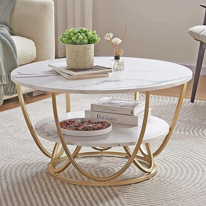 Wood Eclat Round Modern Coffee Table - Multipurpose Nesting Table with Storage, Wooden Table Top and Metal Frame for Living Room