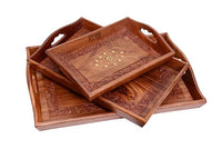 Wood Eclat Handmade Wooden Serving Tray Set (Carving & Brass Inlay Work) Set of 3 Pieces