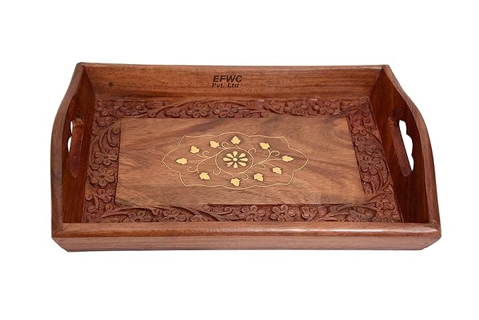 Wood Eclat Handmade Wooden Serving Tray Set (Carving & Brass Inlay Work) Set of 3 Pieces