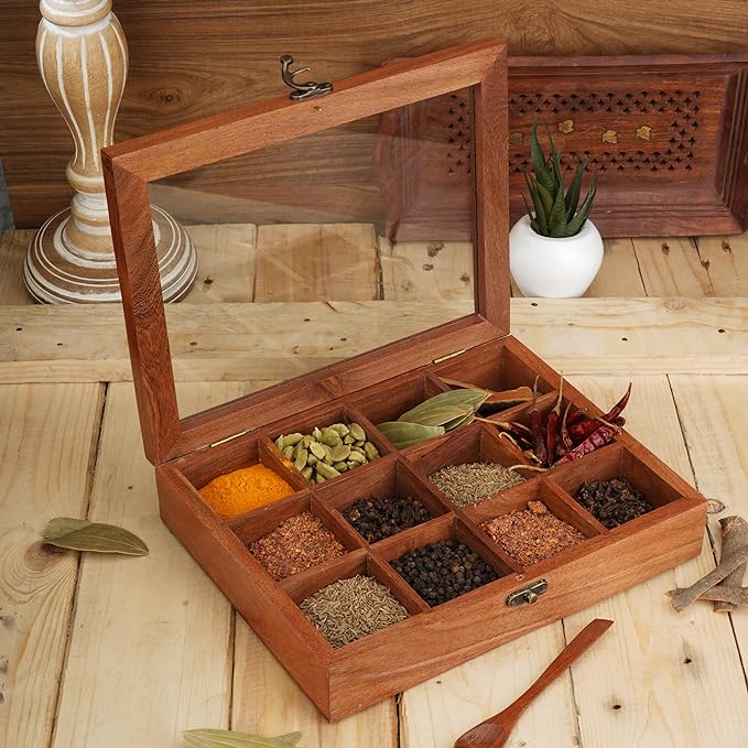 Wood Eclat Rectangle Wooden Spices Box with Spoon - Handmade Spice Organizer with 12 squares