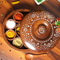 Wood Eclat Round Wooden Spices Box with Spoon - Handmade Spice Organizer with 7 Containers