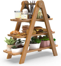 Wood Eclat 3-Tier Wooden Serving Tray with Collapsible Stand - Farmhouse Kitchen & Picnic Nesting Tray (Natural)