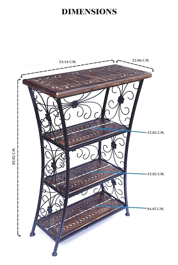 Wood Eclat Multipurpose Wooden and Wrought Iron Floor Standing Storage Rack - Elegant Black Finish with 4 Open Shelves