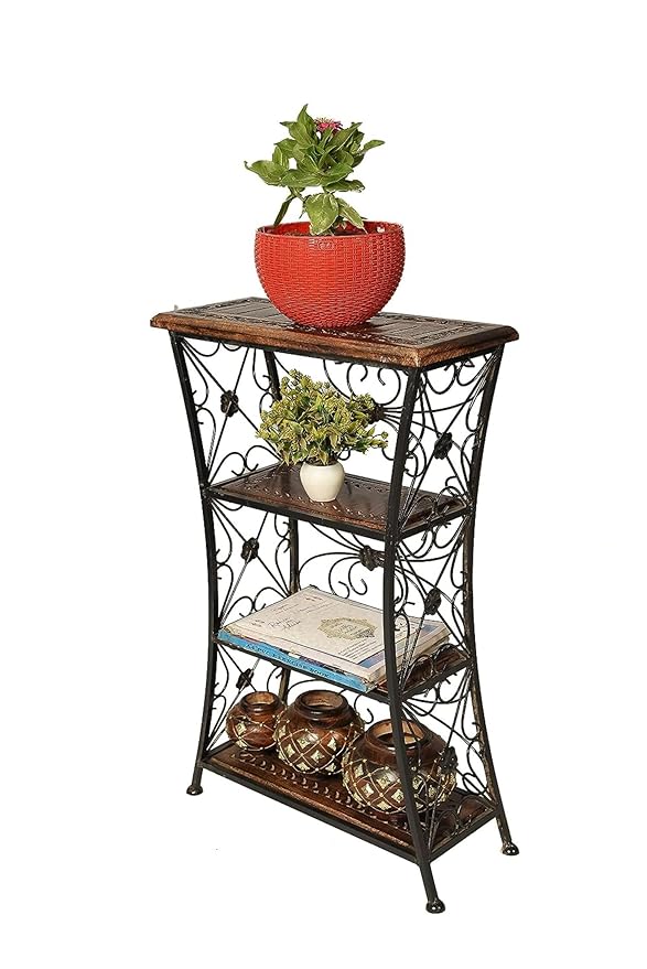 Wood Eclat Multipurpose Wooden and Wrought Iron Floor Standing Storage Rack - Elegant Black Finish with 4 Open Shelves