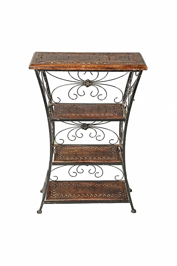 Wood Eclat Multipurpose Wooden and Wrought Iron Floor Standing Storage Rack - Elegant Black Finish with 4 Open Shelves