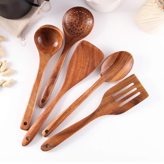 Wood Eclat Natural Nonstick Acacia Wood Cooking Utensils Set with Storage Barrel (Set of 6)