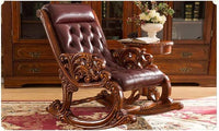 Wood Eclat Modern Teak Wood Ergonomic Rocking Chair Brown Premium Leather with Leg rest