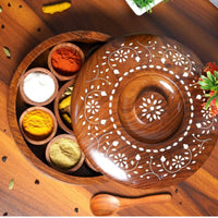 Wood Eclat Round Wooden Spices Box with Spoon - Handmade Spice Organizer with 7 Containers