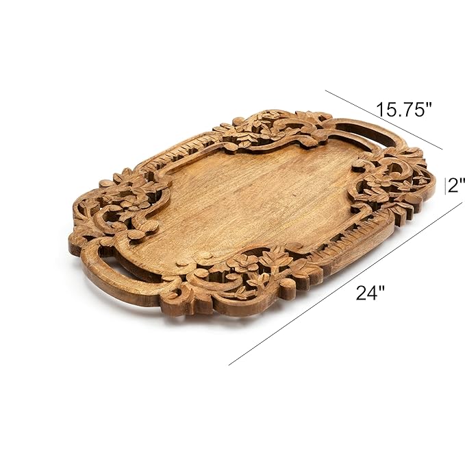 Wood Eclat 24-Inch Rustic Acacia Wood Handcrafted and Hand Engraved Serving Tray